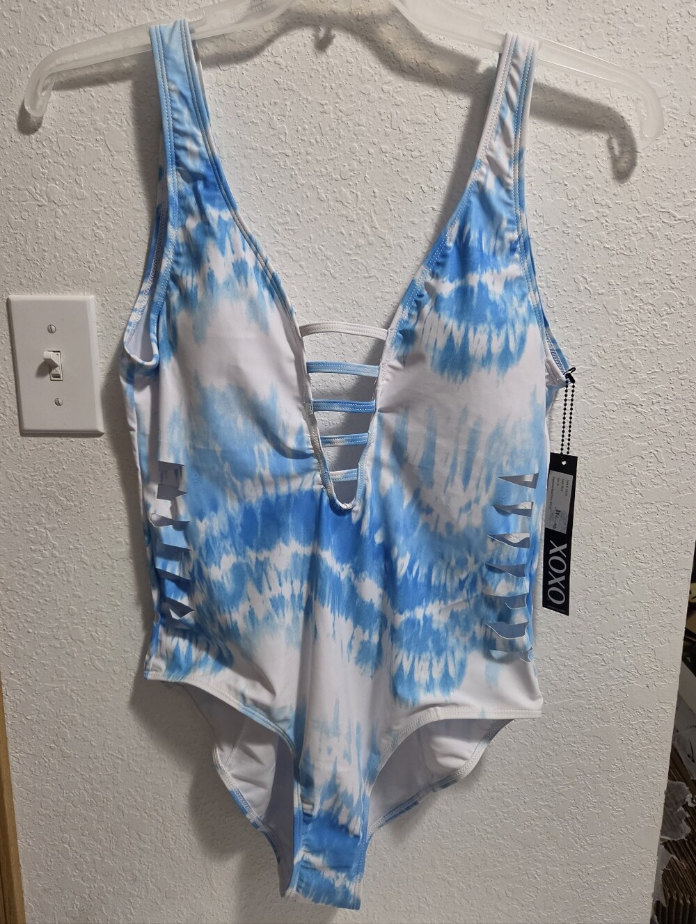 XOXO Blue and White Tie-Dye Ladder Cutout One-Piece, XL